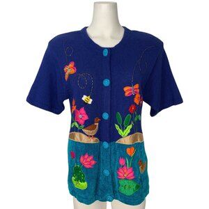Vintage Victoria Harbour Cardigan Sweater M Spring Floral Blue Sequins